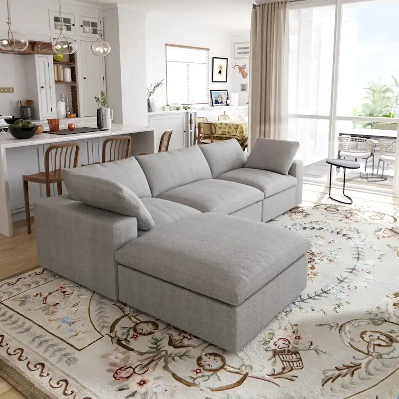 L-shape Linen Sectional Sofa Upholstered Sofa Multiple Cushions Couch with Storage Ottoman