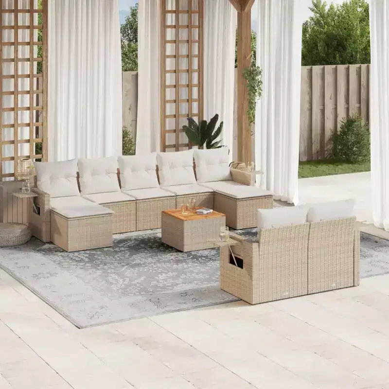 vidaXL 9 Piece Patio Sofa Set with Cushions Beige Poly Rattan