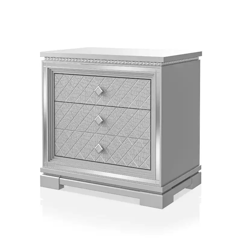 Silver, Glam Style, 1-Person 2-Drawer Nightstand with USB Port