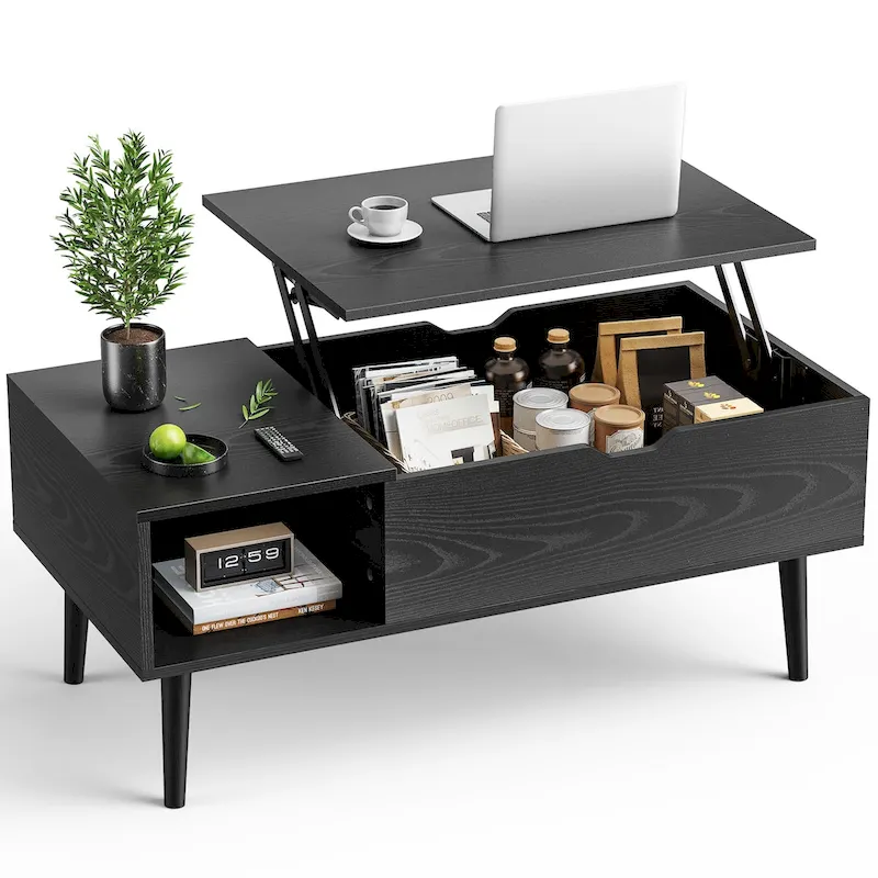 Lift-Top Coffee Table with Hidden Storage Compartment & Side Shelf