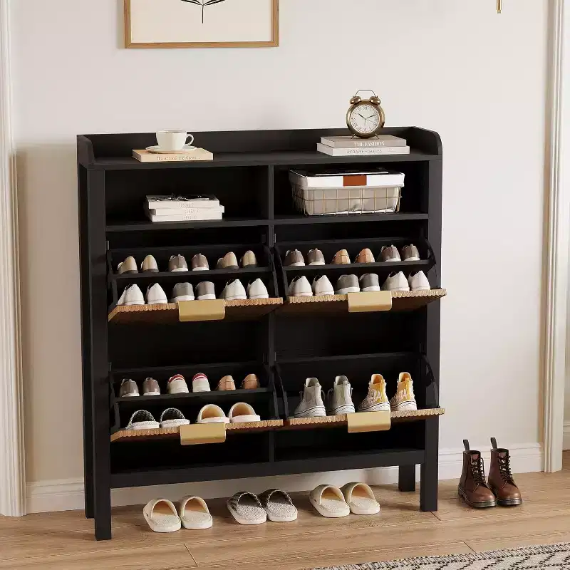 Black & Natural Oak Fluted Slim Shoe Cabinet with 4 Flip Drawers, Holds 24–32 Pairs