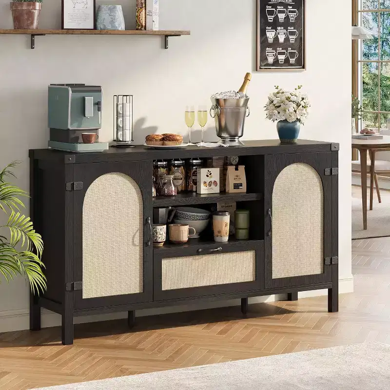 Black Farmhouse Rattan Sideboard, 59.1 Buffet Coffee Bar