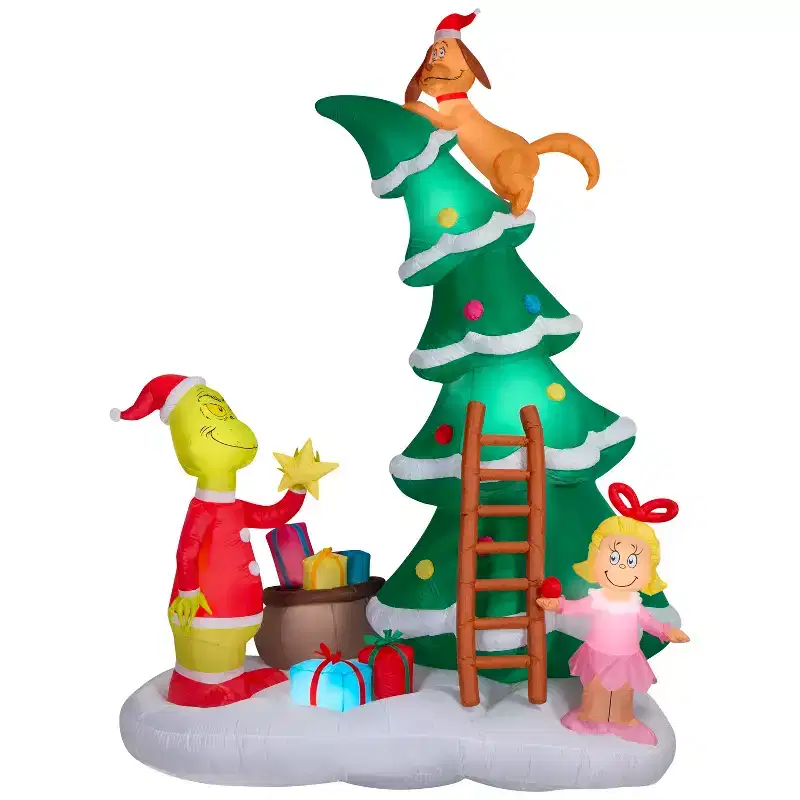 Gemmy Airblown Inflatable 11.5ft Christmas Light Grinch w/Cindy Lou and Max on Christmas Tree Scene Dr. Seuss Christmas Yard Decor