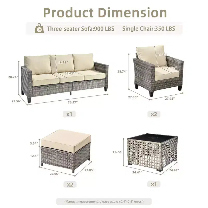 HOMLUX Outdoor 6-Piece Sofa Set w/ Ottomans & Rattan Coffee Table, Ergonomic Gray Design