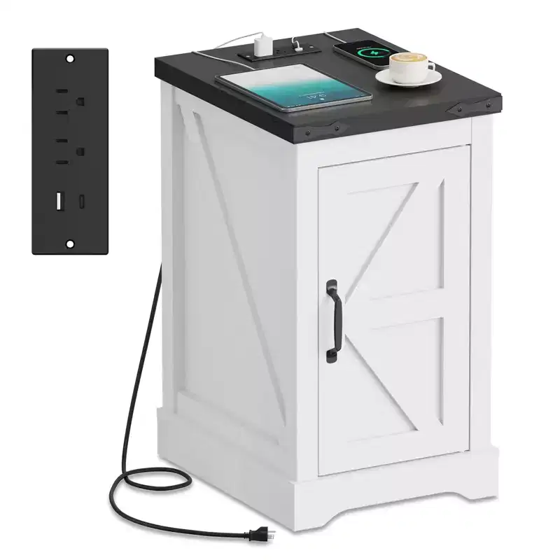 GustoWave Farmhouse End Table Nightstand with Adjustable Shelf and Cord Management, Modern Bedside Table for Bedroom & Living Room - White