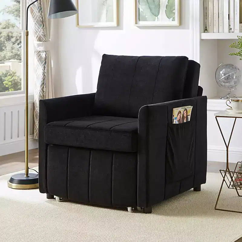 MAYEERTY Uphlostered Convertible Sleeper Sofa Sode Pockets and Storage Basket for Living Room Black