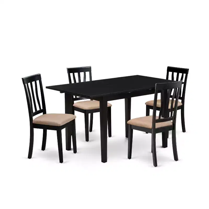 HomeStock 5-Pc Rectangular Black Finish Solid Wood Top-Dining Room Set with Butterfly Leaf-Seats 4
