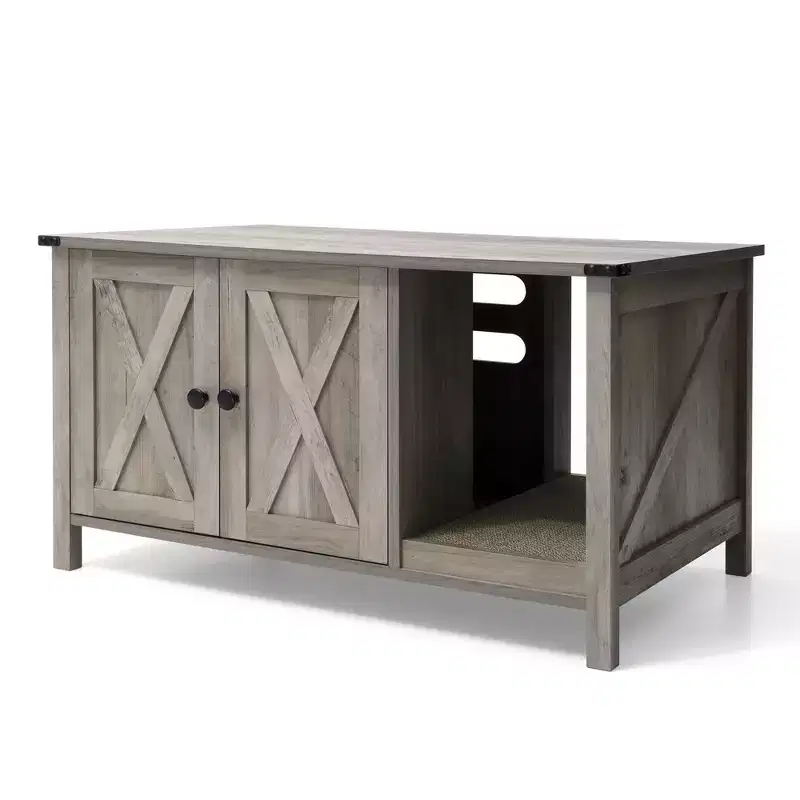 Hidden Cat Litter Box Furniture with Scratching Board, Wooden TV Stand & Cat House
