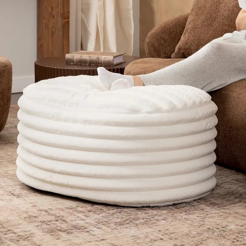 Large Plush Faux Fur Ribbed Pouf Ottoman - Cream