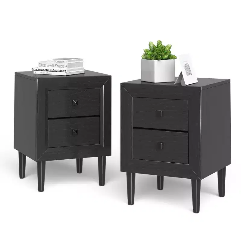 Costway 2 PCS Nightstand End Bedside Coffee Table Wooden Leg Drawers Black\Grey\White