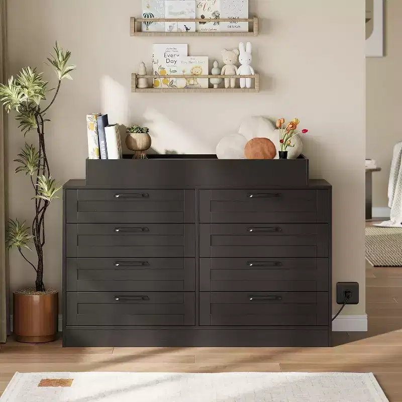 Nursery Changing Table Dresser with 8 Wood Drawers, Multi-Functional Diaper Station with Shelves for Baby's Room