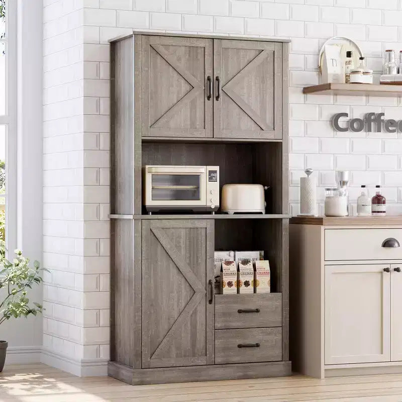 Tall Freestanding Pantry Cabinet with 2 Drawers, 3 Cabinet Doors and Open Microwave Shelf