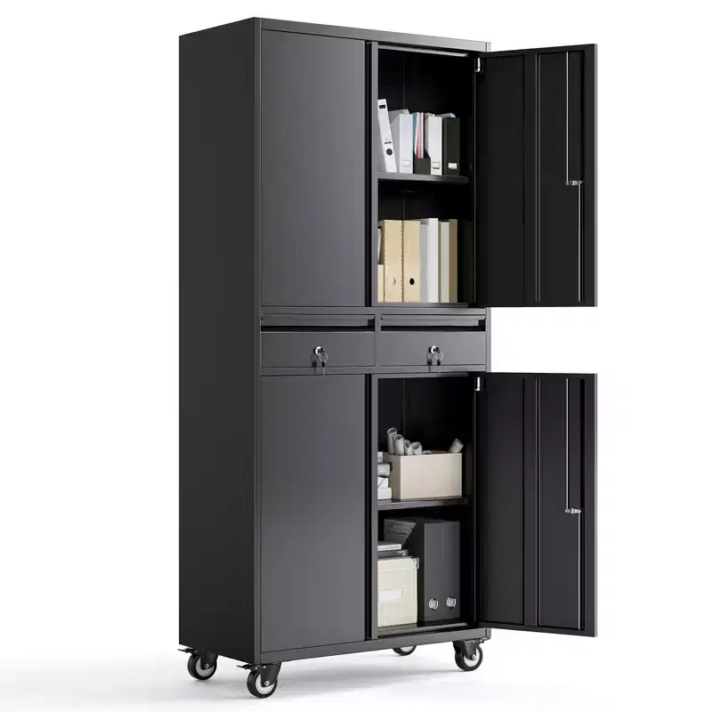 COZONNY 73 Metal Garage Storage Cabinet with Wheels, Locking Doors, 2 Drawers & 2 Adjustable Shelves, Rolling Steel Organizer for Workshop & Office
