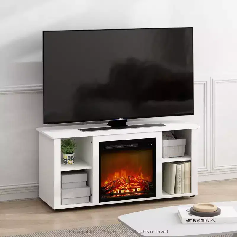Fireplace TV Stand Entertainment Center TV Console Cabinet w/Open Storage Shelf for TV up to 55, White