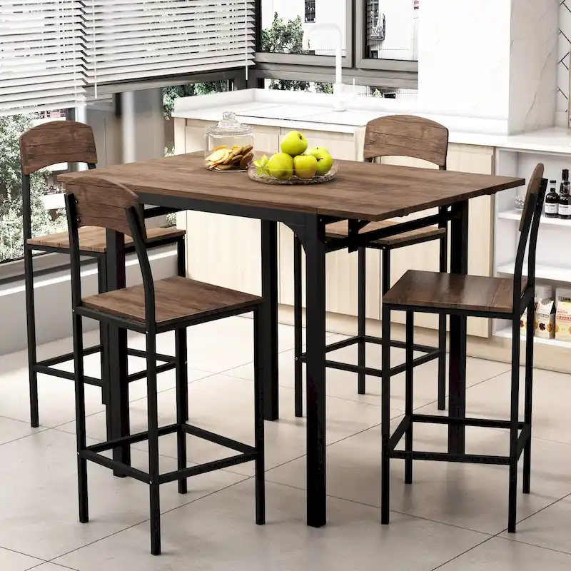 Counter Height Dining Table Set, 5-Piece Drop Leaf Dining Table Set with Drop Leaf Table and 4 High Dining Chairs