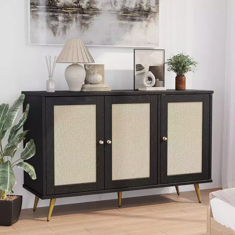 Celebalcony Rattan Storage Cabinet, Modern Sideboard Cabinet, Accent Large Storage Space Cabinet with Rattan Decorated Doors for Living Room
