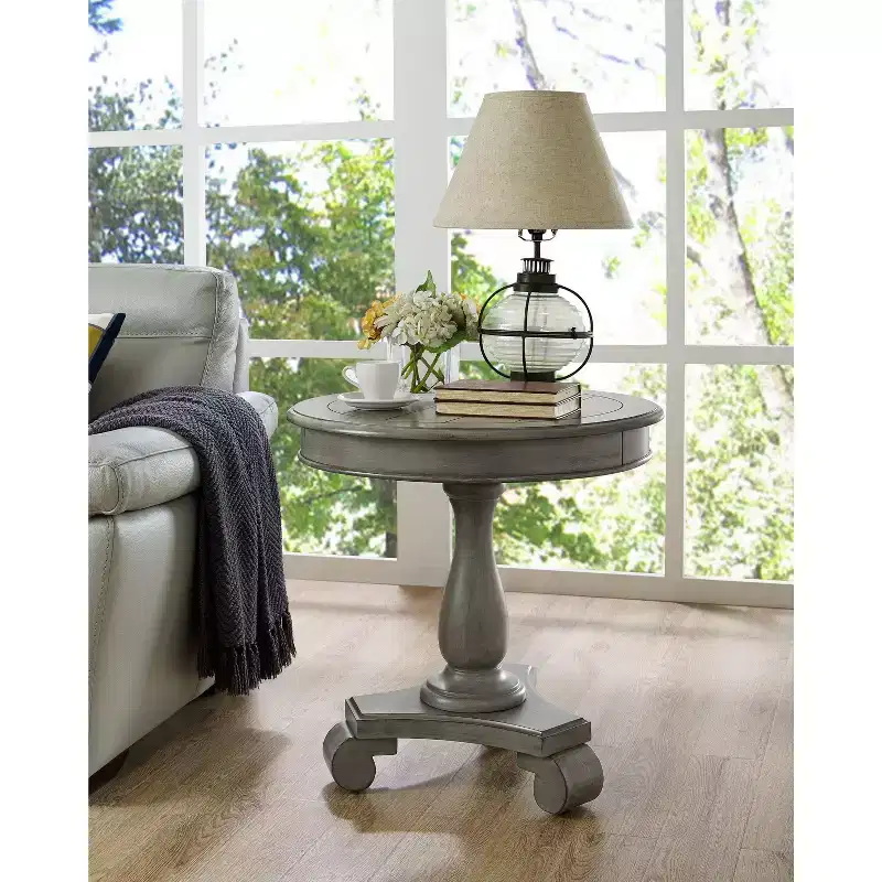 Round Wood Pedestal Side Table, Gray