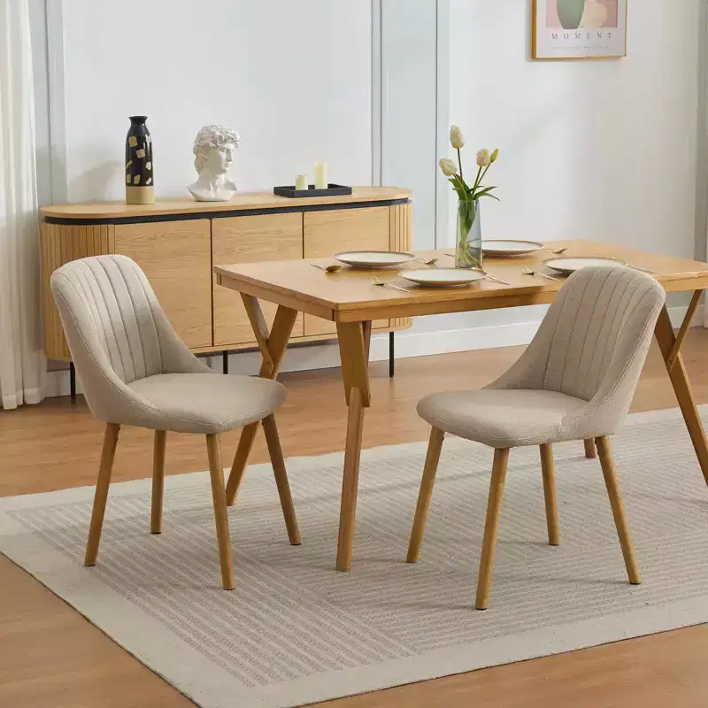 Mid-Century Modern Dining Chair, Upholstered Fabric Accent Chairs with Wood Legs, Set of 2, Performance Fabric In Linen