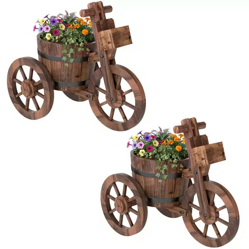 Costway 2PCS Rustic Wood Tricycle Planter w/Barrel Pot & Storage Box for Patio Garden