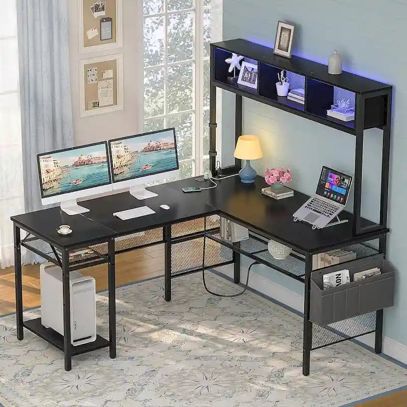 Rustic Brown / White / Pink / Black / Grey Oak L-Shaped Gaming Desk with RGB LED, Power Strip and Storage for 1 Person