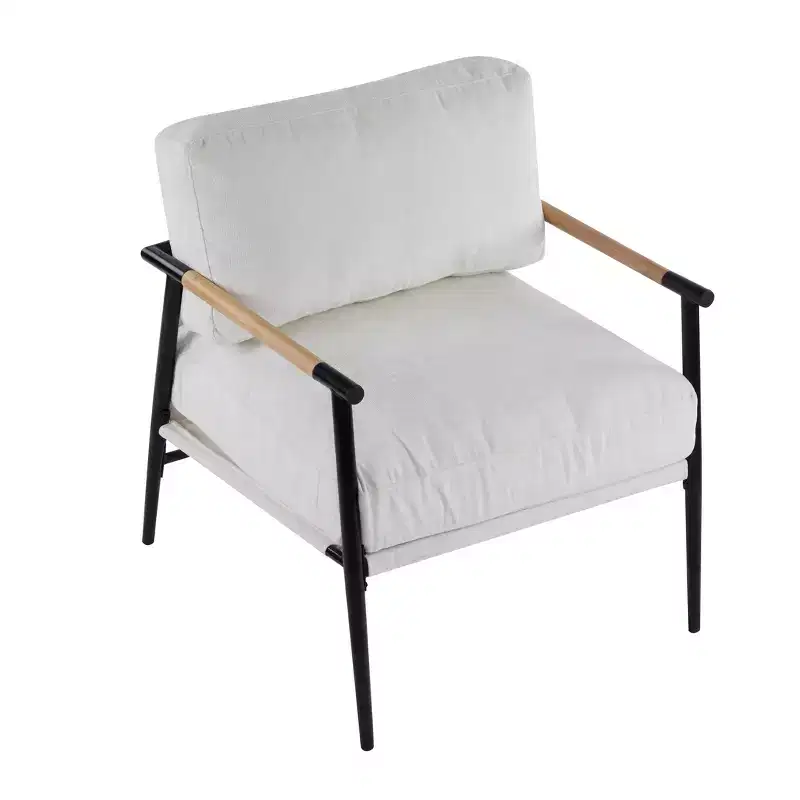 27.56-Inch Modern Accent Chair with Plush Cushions, Metal Frame and Wooden Armrests, for Office or Living Room