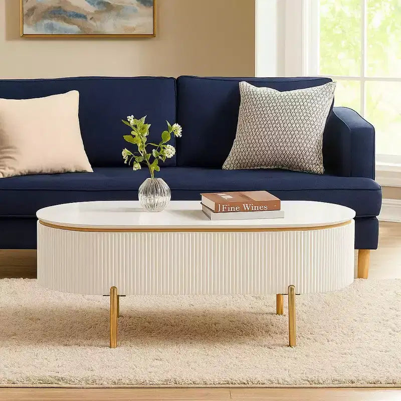 Oval Coffee Table with Drawer, 47", Glossy White with Gold Metal Legs