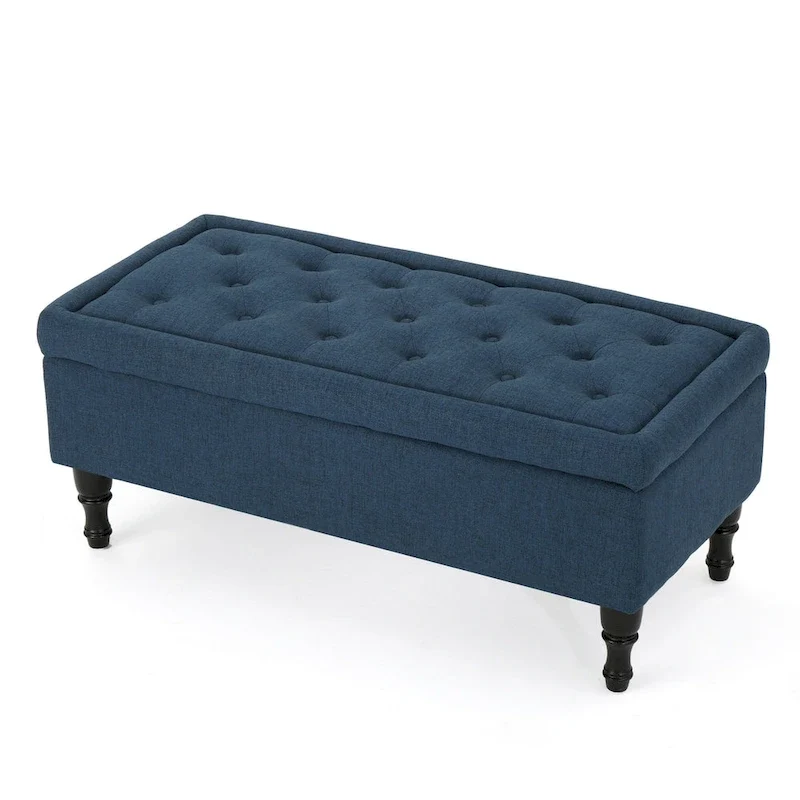 Kiyo Storage Ottoman Bench, 41 Inch Button Tufted Navy Blue Fabric