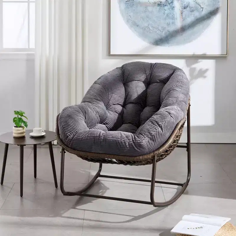 Modern Rattan Accent Rocking Chair with Padded Cushion and Steel Frame