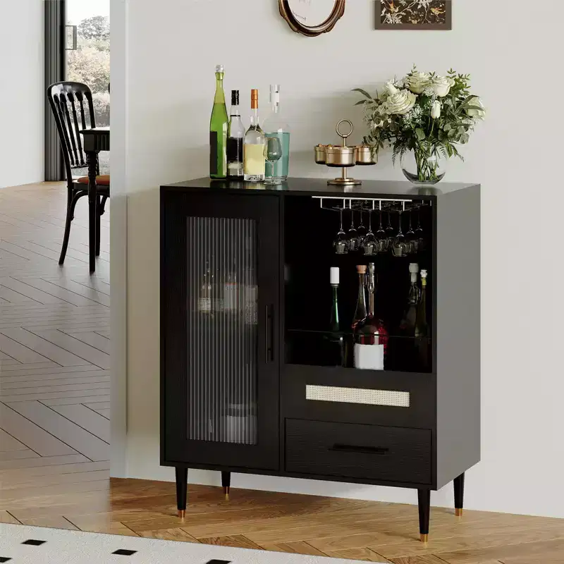 Modern Wine Bar Cabinet & Mini Coffee Bar Cabinet with Storage,Liquor Storage Sideboard with Tempered Glass Door &Drawers for Home Kitchen,Dining Room