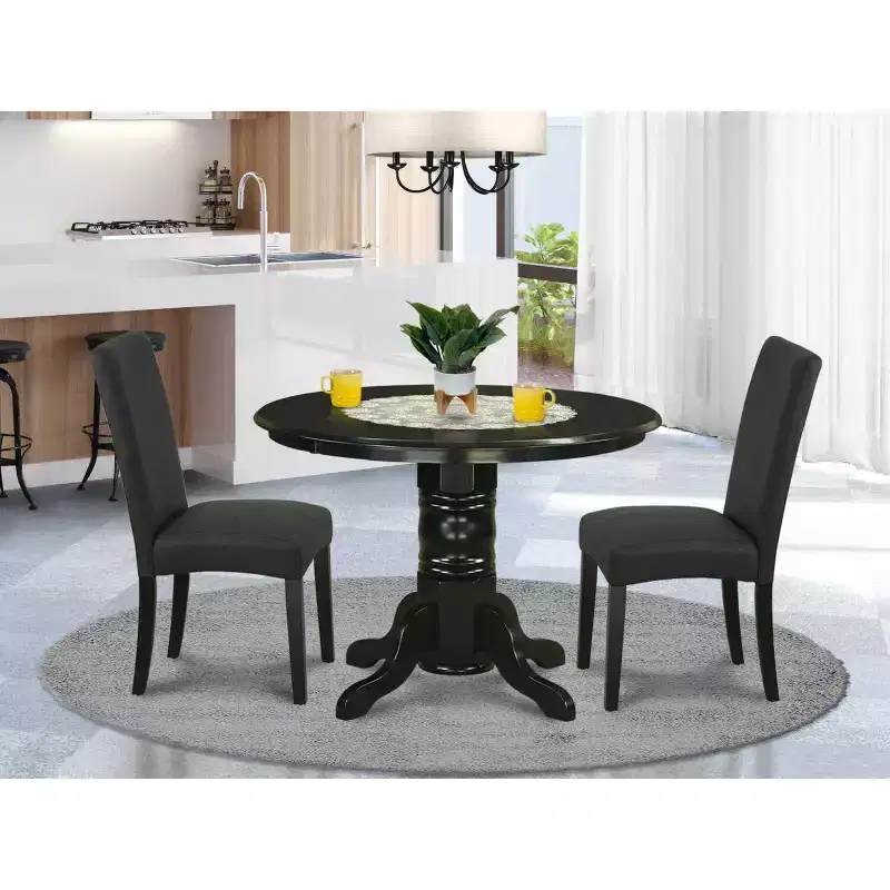 Medieval Round Dining Set - 42 Inch Table & 2 Parsons Chairs - Black Finish - Linen Fabric