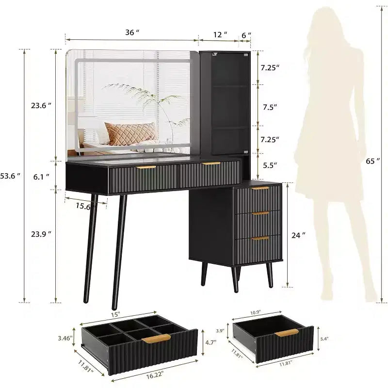GustoWave 5 Drawers Vanity Desk, Makeup Dressing Table with Built-in USB Outlet Charging Station