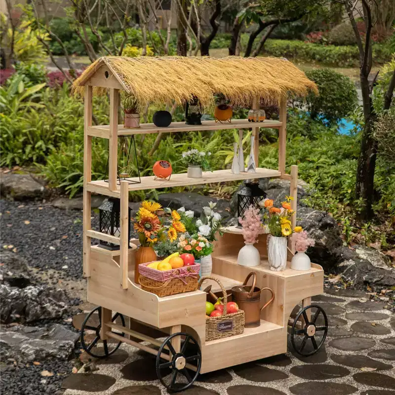 Vintiquewise Versatile Rolling Cart  Multi-Tier Wooden Shelf for Events, Food Tasting, Garden Display & Home Decor