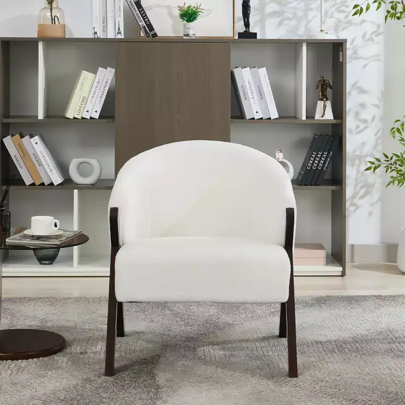 Mid Century Modern Linen Fabric Accent Chair, Comfy Upholstered Reading Side Chair with Wood Frame, Easy Assembly for Living Room & Bedroom