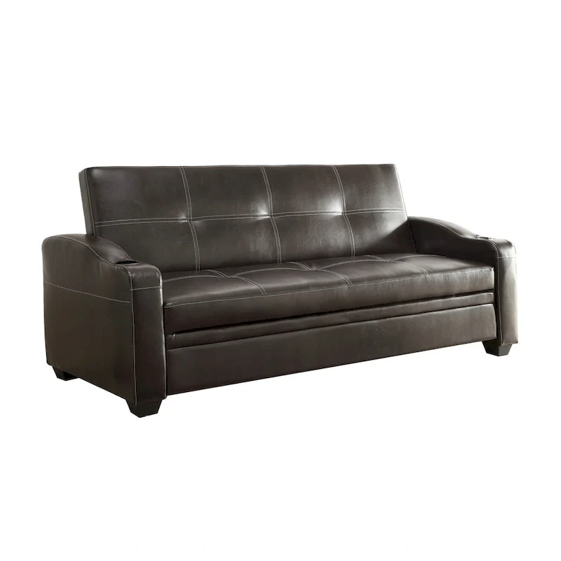 Ferry 83 Inch Lounger Sofa Bed, Tufted Brown Faux Leather, Solid Wood