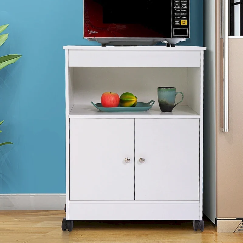 White Kitchen Microwave Storage Cabinet with Wheels, 1-Unit