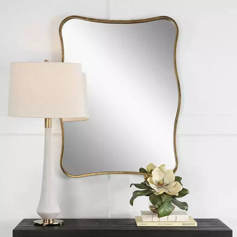 Antiqued Gold Curvy Vanity Wall Mirror, 28x36 �C Iron Frame, Non-Beveled Glass