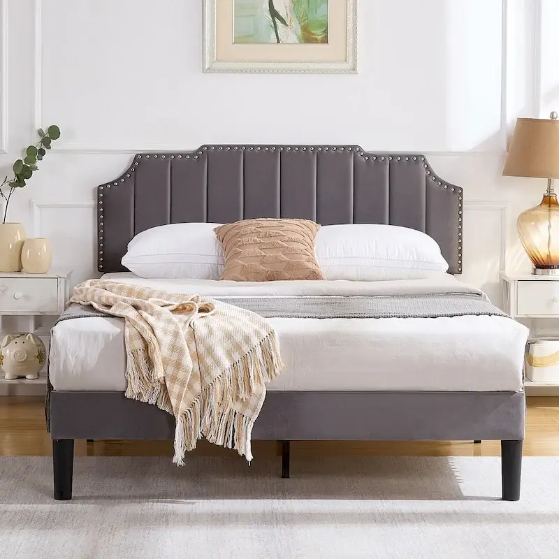 Upholstered Platform Bed Frame with Nailhead Trimmed Adjustable Height Headboard, No Box Spring Needed
