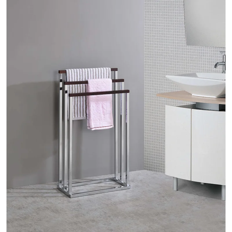 3-Tier Freestanding Towel Rack with Chrome Frame and Walnut Wood Rods