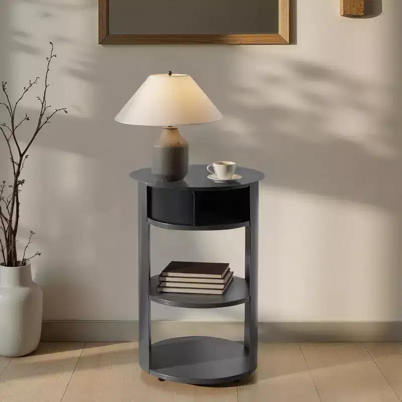 Modern 3-Tier Round End Table with Sliding Door Cabinet, Matte Metal Accent Side Table for Living Room, Bedroom, or Small Spaces-Panipeachy