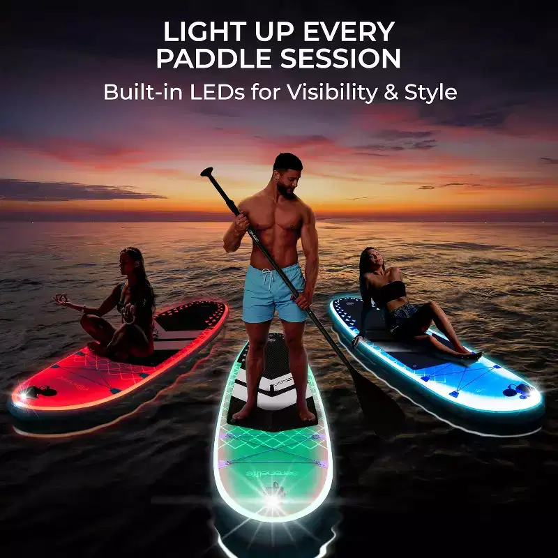 SereneLife Inflatable Stand-Up Paddleboard with LED Lights for Night Paddling, Lightweight, Durable, Includes Pump and Paddle