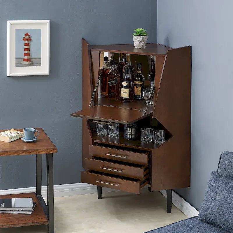 SEI Furniture Haramsoya Dark Tobacco Geometric Corner Bar Cabinet