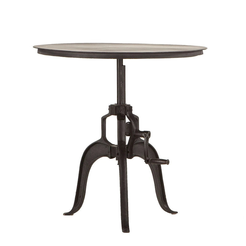 Round Adjustable Crank Side Table – Antique Black, Reclaimed Cast Iron, Industrial Style