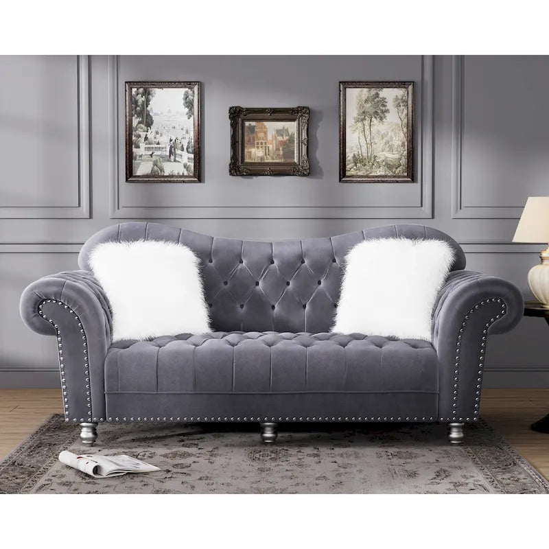 Chesterfield Camelback Sofa – Beige / Grey / Blue, Tufted Velvet, Rolled Arms, Seats 3