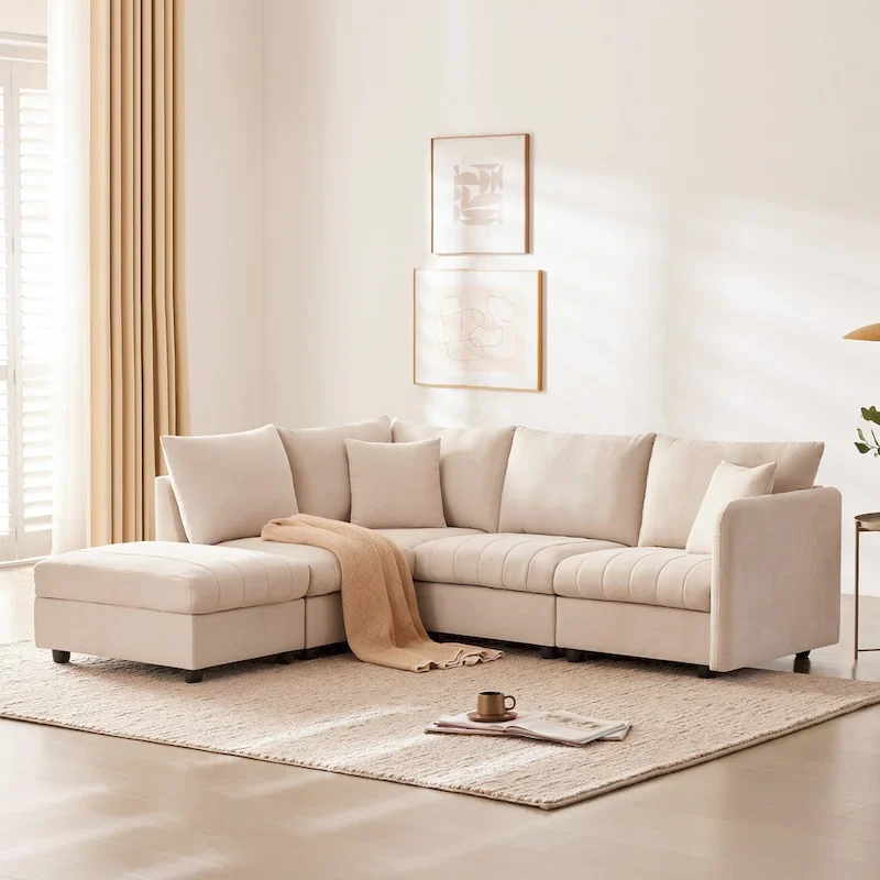 [VIDEO provided][New]89*79Modern Sectional Sofa with Vertical Stripes,2 Pillows,5-Seat Couch with Convertible Ottoman,Various C