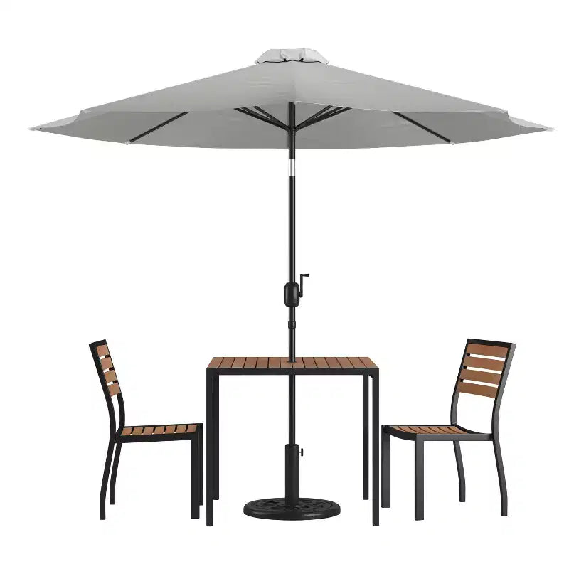 Emma and Oliver 5 Piece Patio Table Set - Synthetic Faux Teak Stackable Chairs - Faux Teak Table - Umbrella with Base