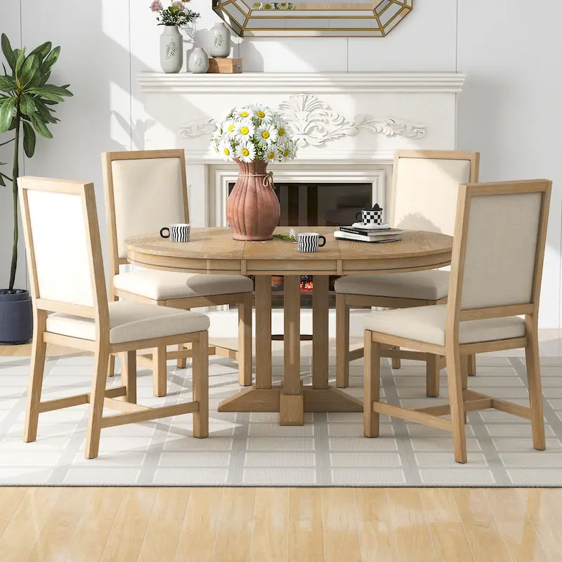 5 Pcs Wood Kitchen Furniture Set, Extendable Round Dining Table Set with Removable Leaf and 4 Upholstered Chairs