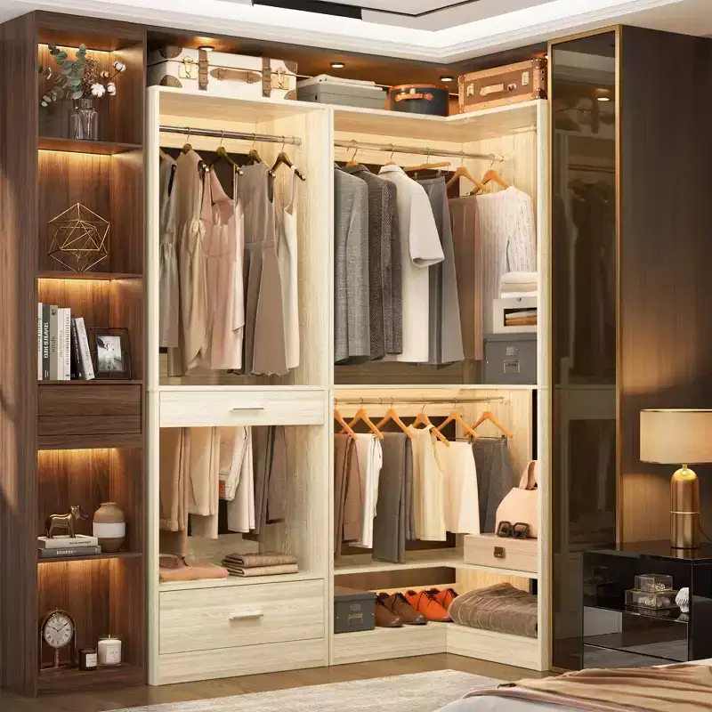 Besiost Corner Closet System with 3 Hanging Rods and Drawer, Wooden Corner Closet Orgainzer