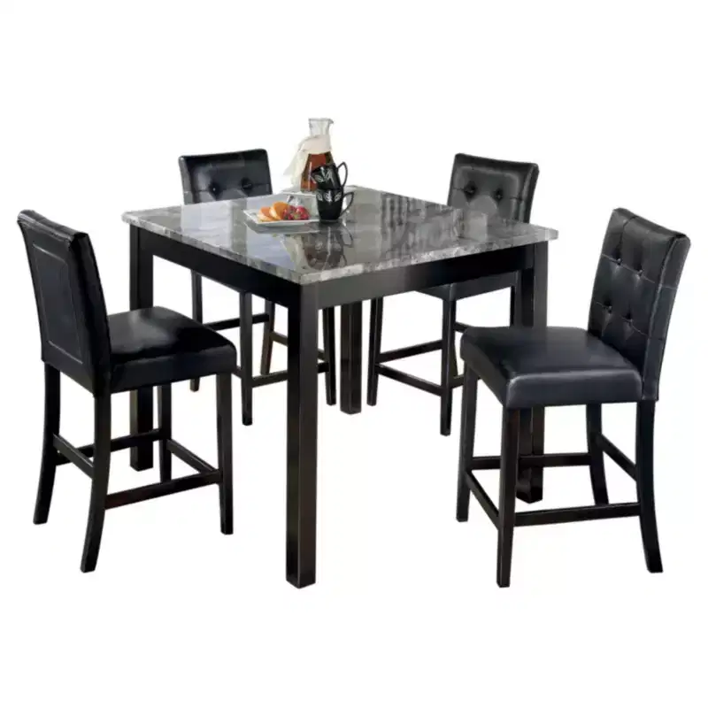 Dining Table Set Black for 4: Contemporary Square Faux Marble Top, Upholstered Vinyl Seats, Counter Height, 5-Piece Set