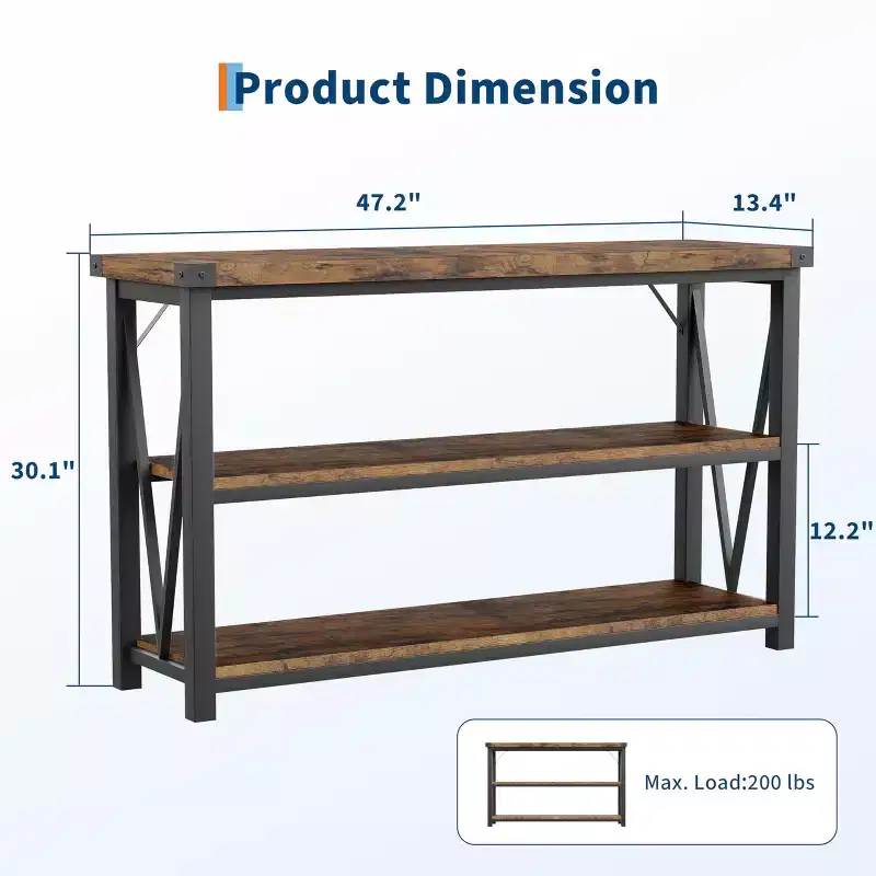 Brown Fluted Console Table, 3-Tier, Industrial Style, 47.2 Wide, 1-Person Use