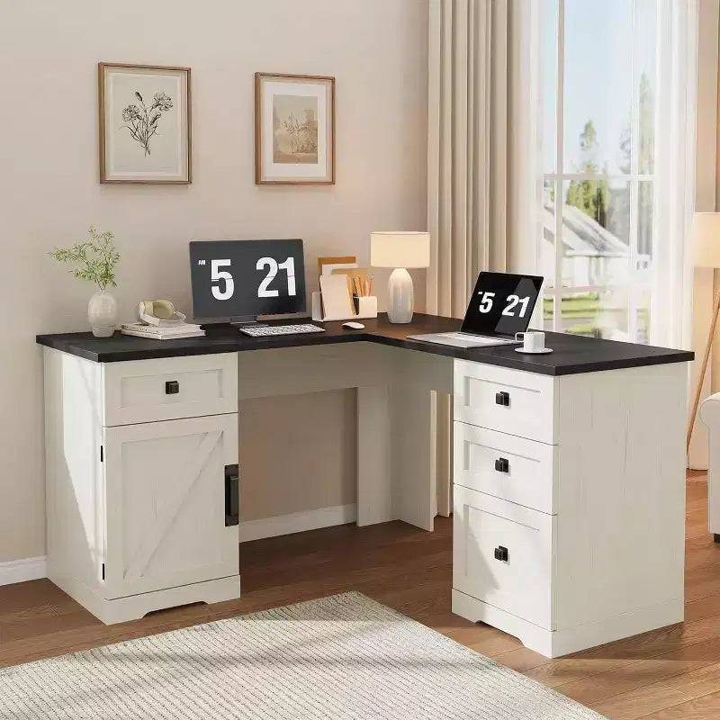 60 White L Shaped Executive Desk, Farmhouse Home Office Corner Computer Desk with File Drawers & Storage Cabinet
